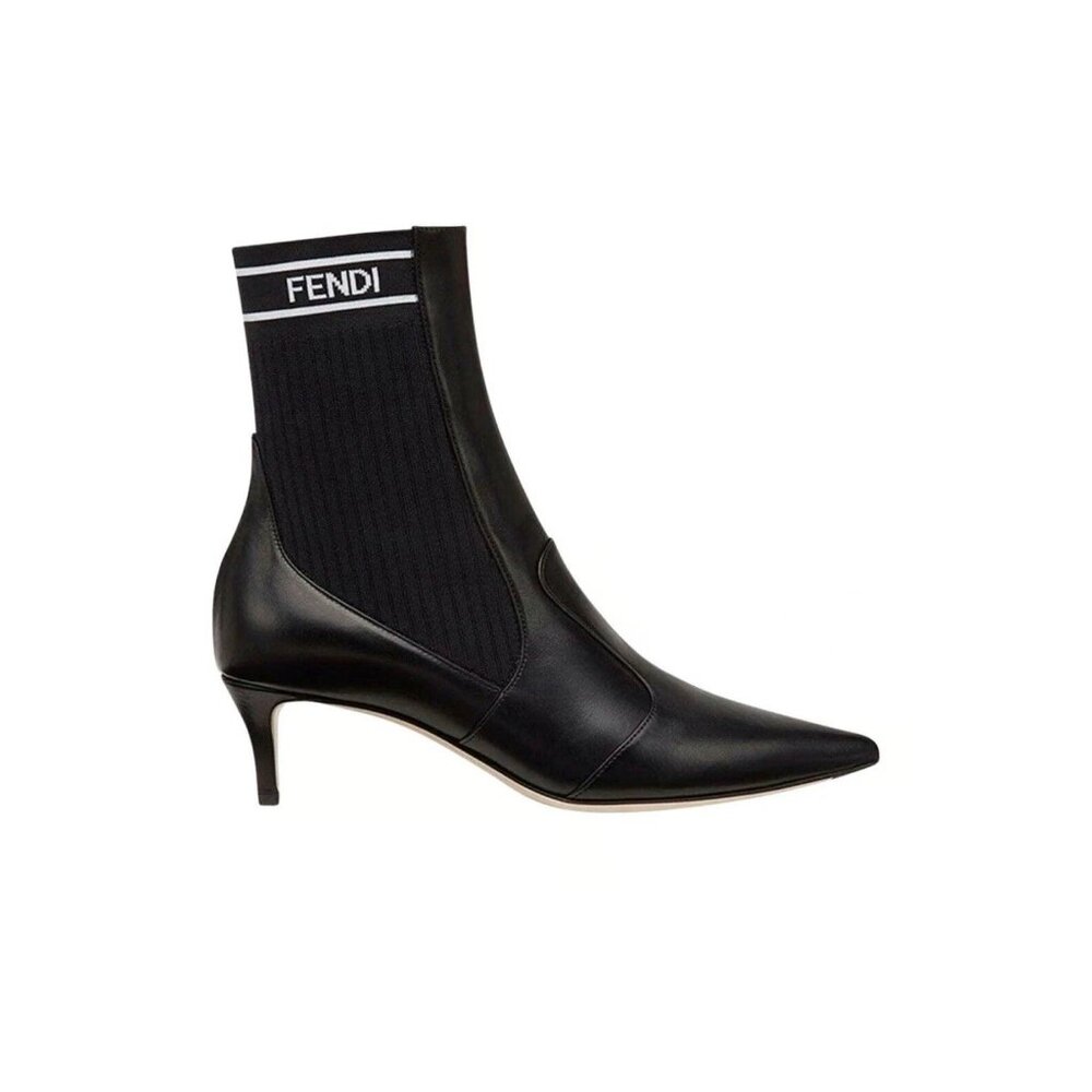 Fendi Rockoko Black Leather Boots Stretch FF Logo Sock Ankle Kitten Heel EU 40